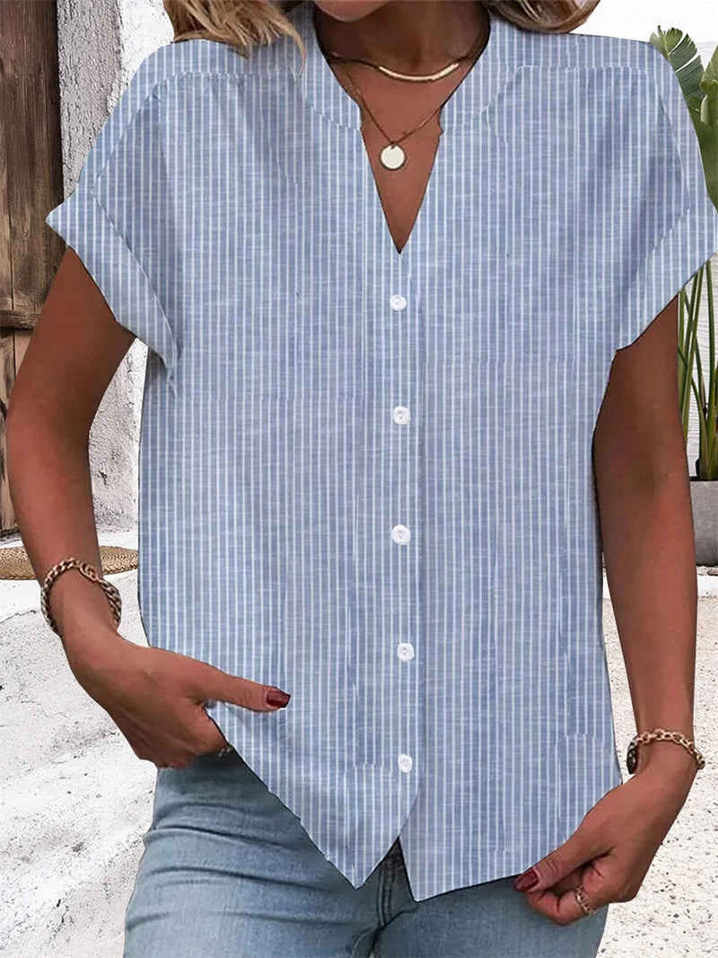 V Neck Blue Striped Short Sleeve Blouse