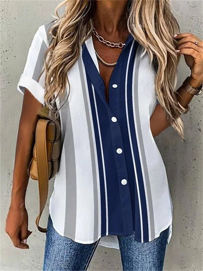 V Neck Blue Stripped Loose Shirt