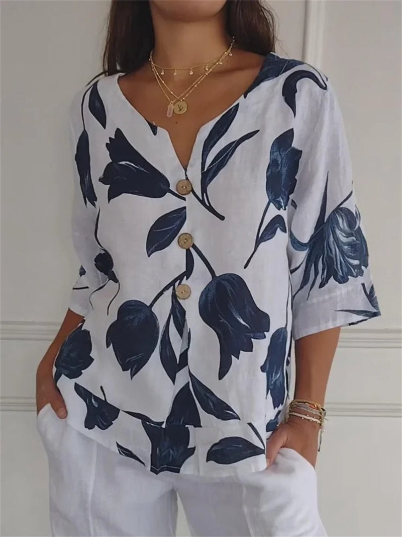 V-Neck Casual White Floral Buttoned Top