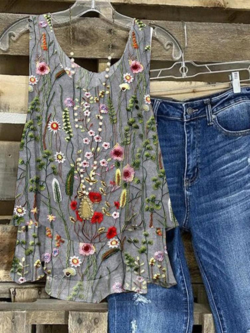 Floral Print Grey Strap Tank Top