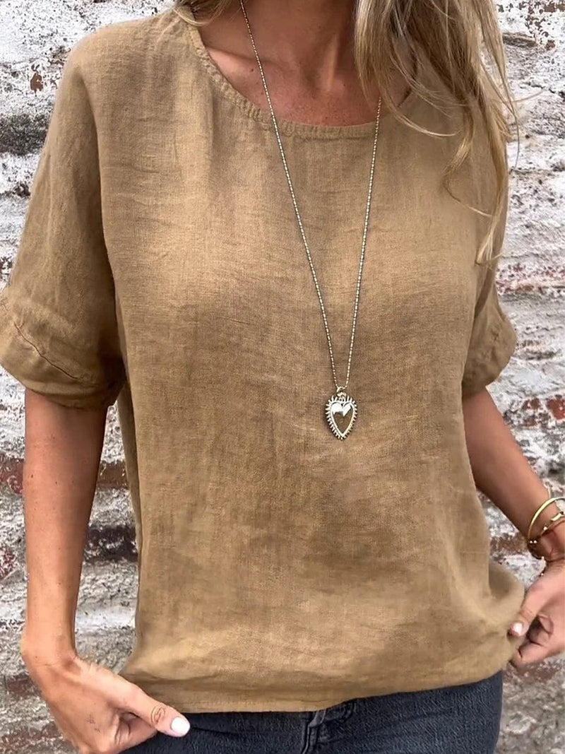 Round Neck Solid Half-Sleeved Blouse