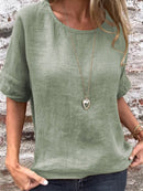 Round Neck Solid Half-Sleeved Blouse