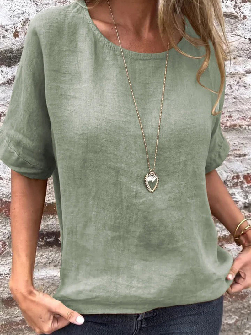 Round Neck Solid Half-Sleeved Blouse