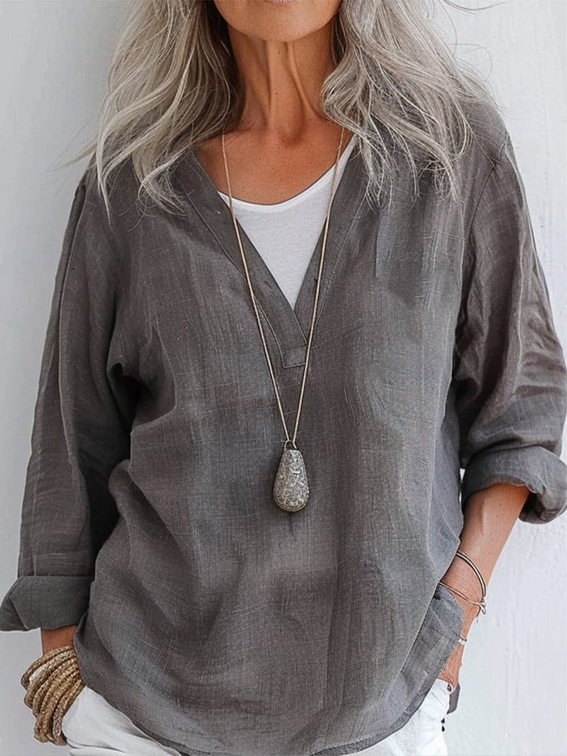 V Neck Simple Solid Long Sleeve Top