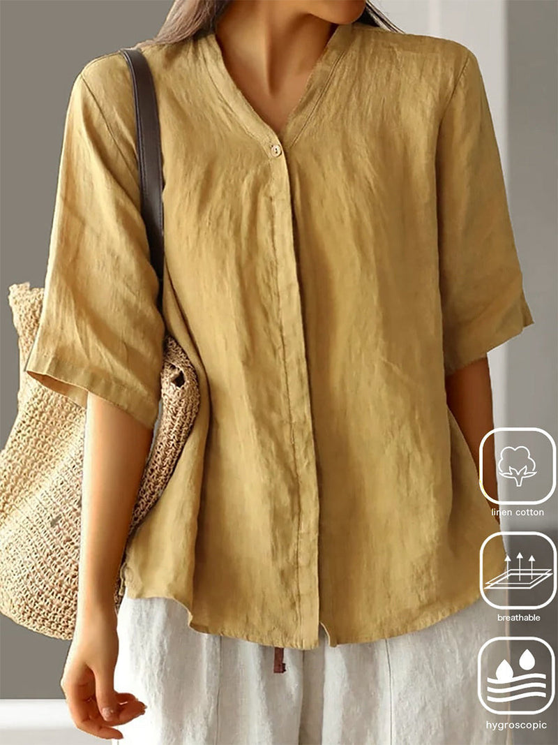 V Neck Yellow Plain Casual Blouse