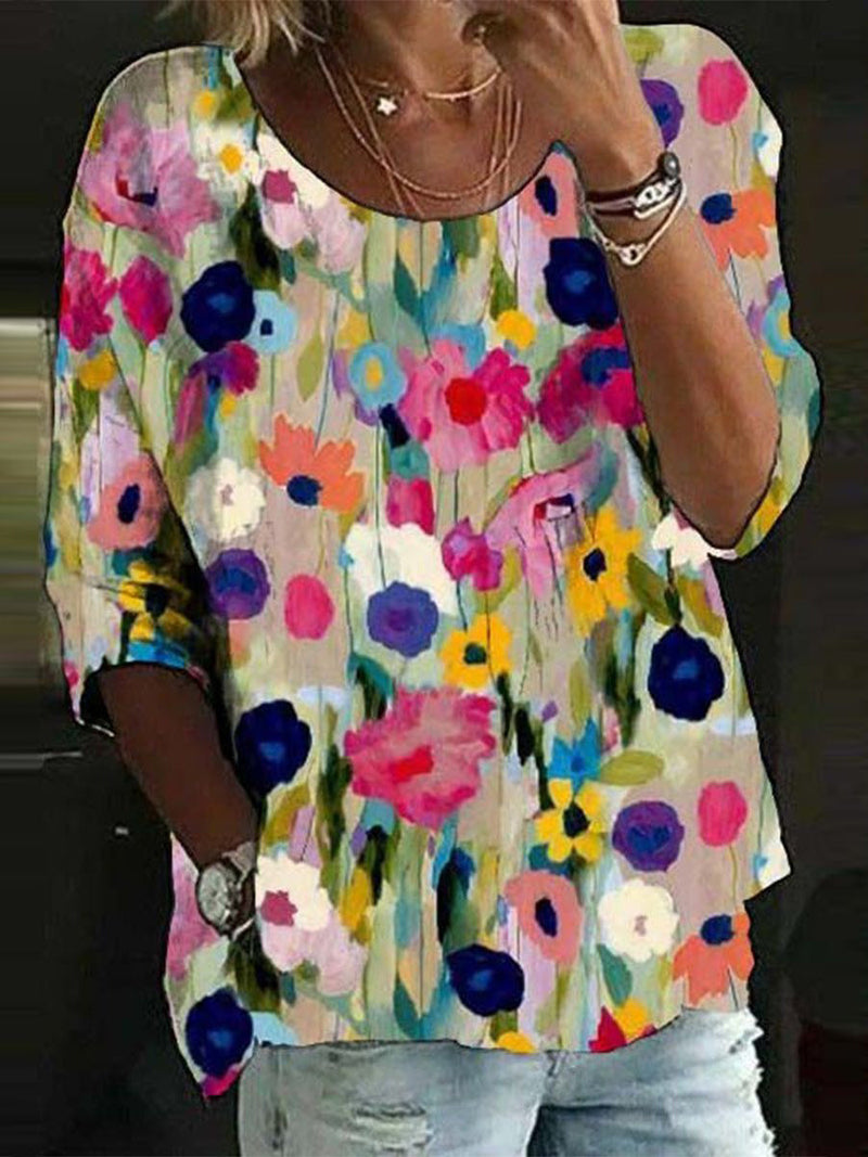Round Neck Showy Floral Print Top