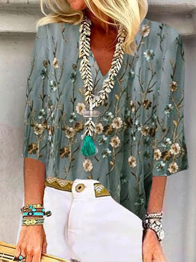 Trendy 3/4 Sleeve Green Floral Print Top