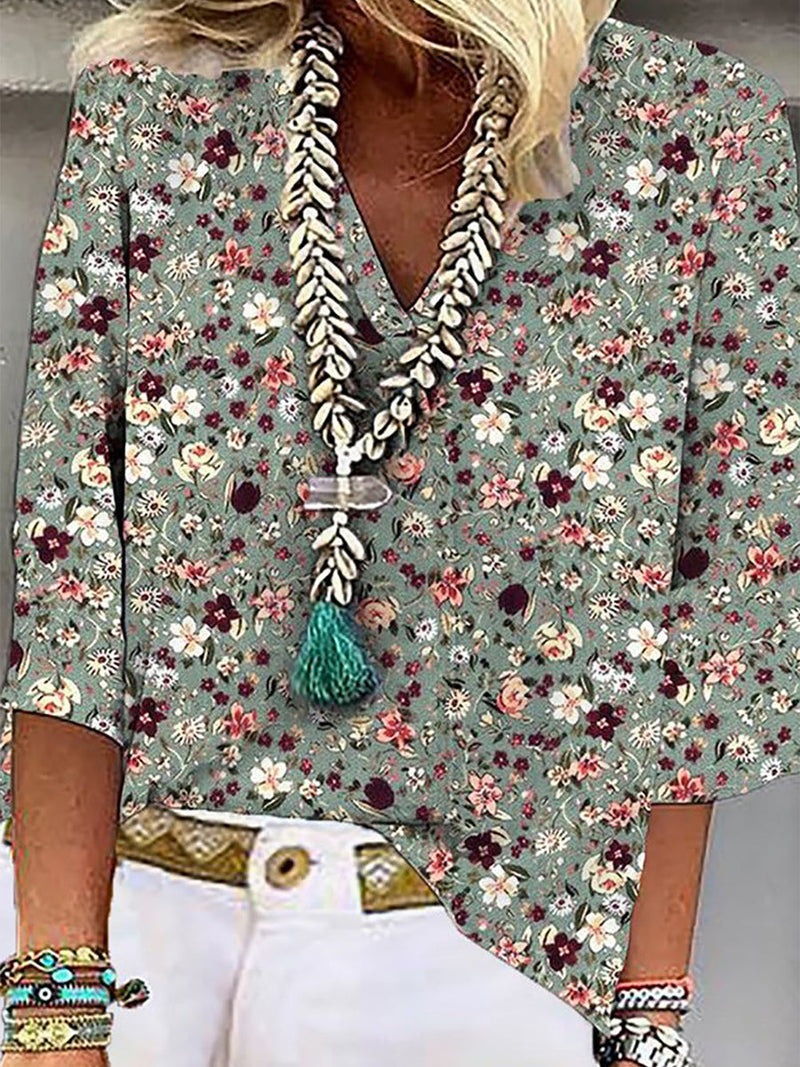 3/4 Sleeve V Neck Floral Print Blouse