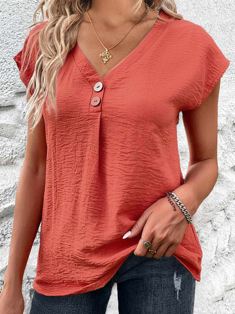 V Neck Button Coral Short Sleeve Blouse