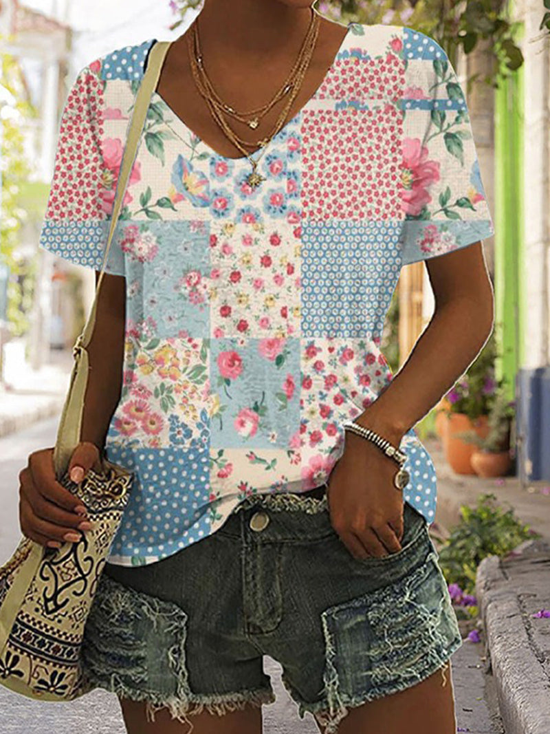 Vintage Short-Sleeved Floral Print T-Shirt