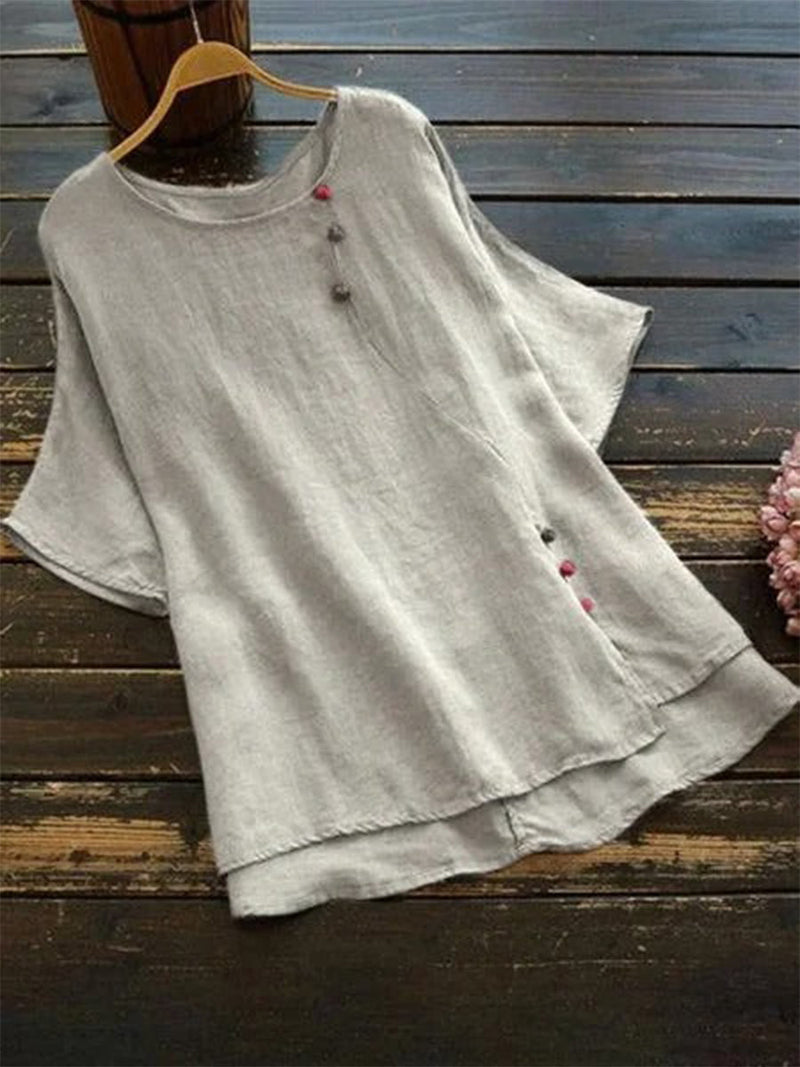 Crew Neck Regular Solid Buttoned Short Sleeve T-Shirt