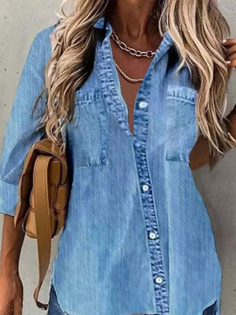 Long Sleeve Spring Collar Denim Abstract Regular Loose Blouse