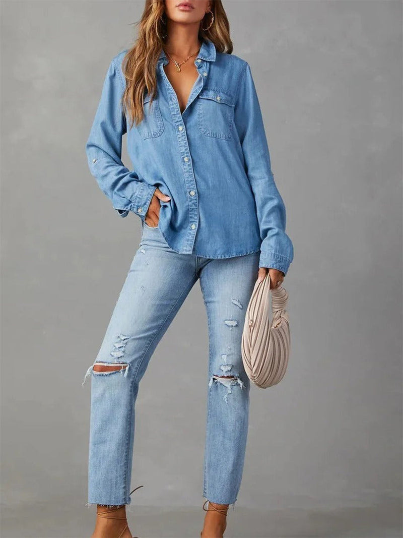 Long Sleeve Spring Collar Denim Abstract Regular Loose Blouse