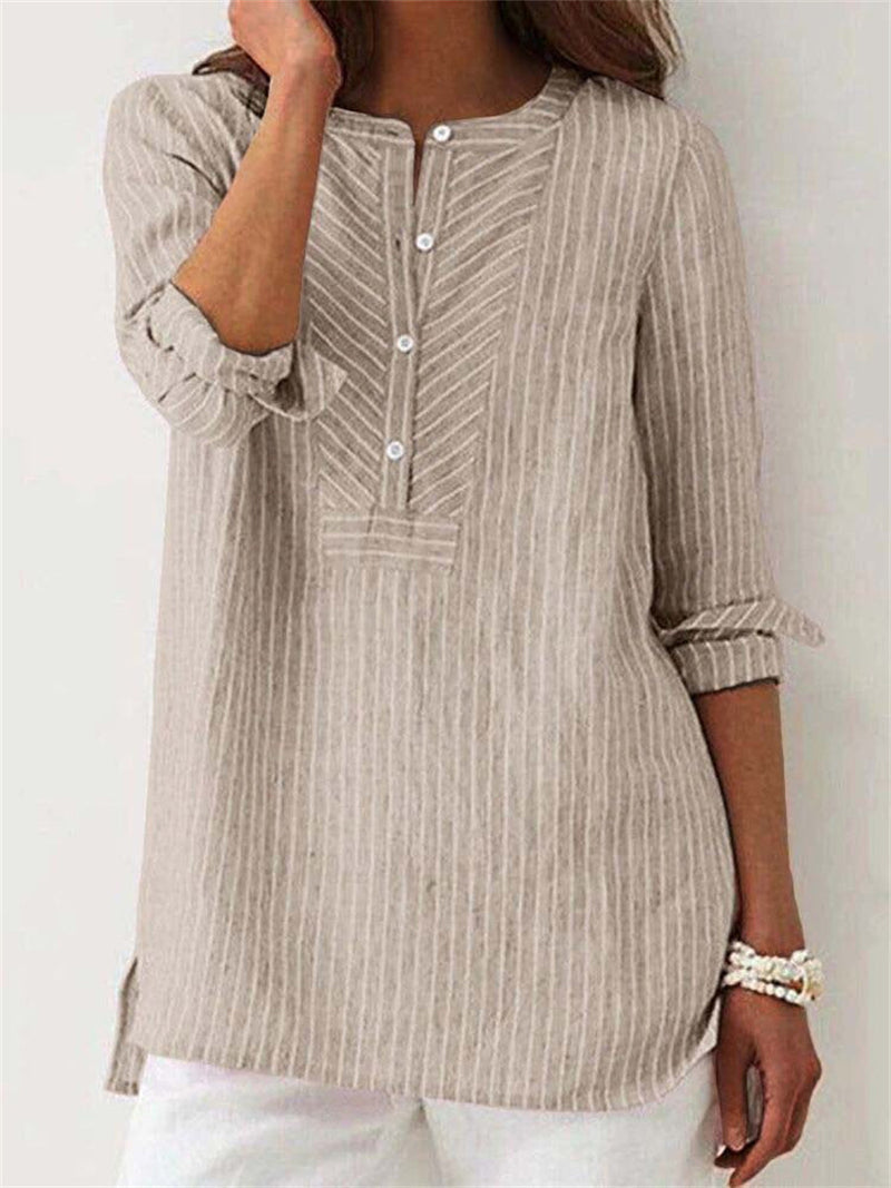 Striped Half Button High-Low Hem Long Sleeves Blouse