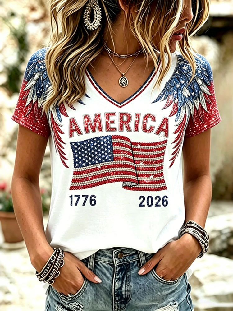 Women's Anniversary Independence Day Wings Flag Art Print V Neck T-shirt