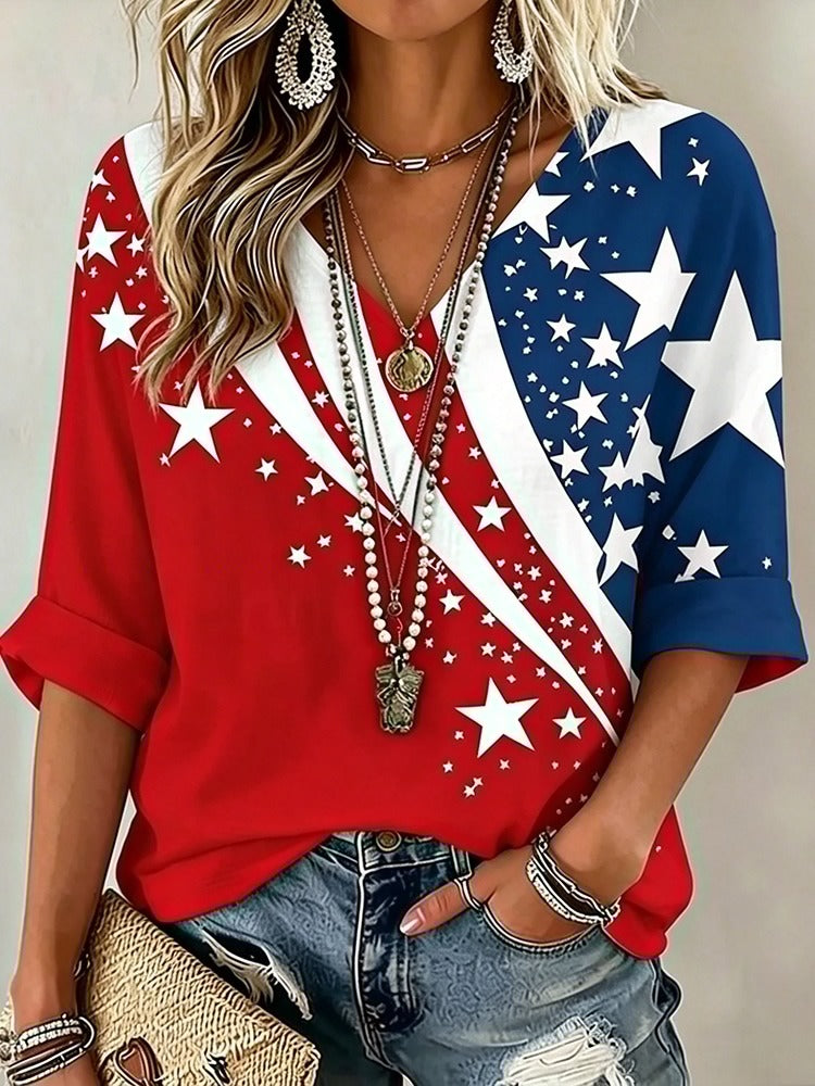 Women's Flag Art Three-quarter Sleeve V Neck Linen Tops
