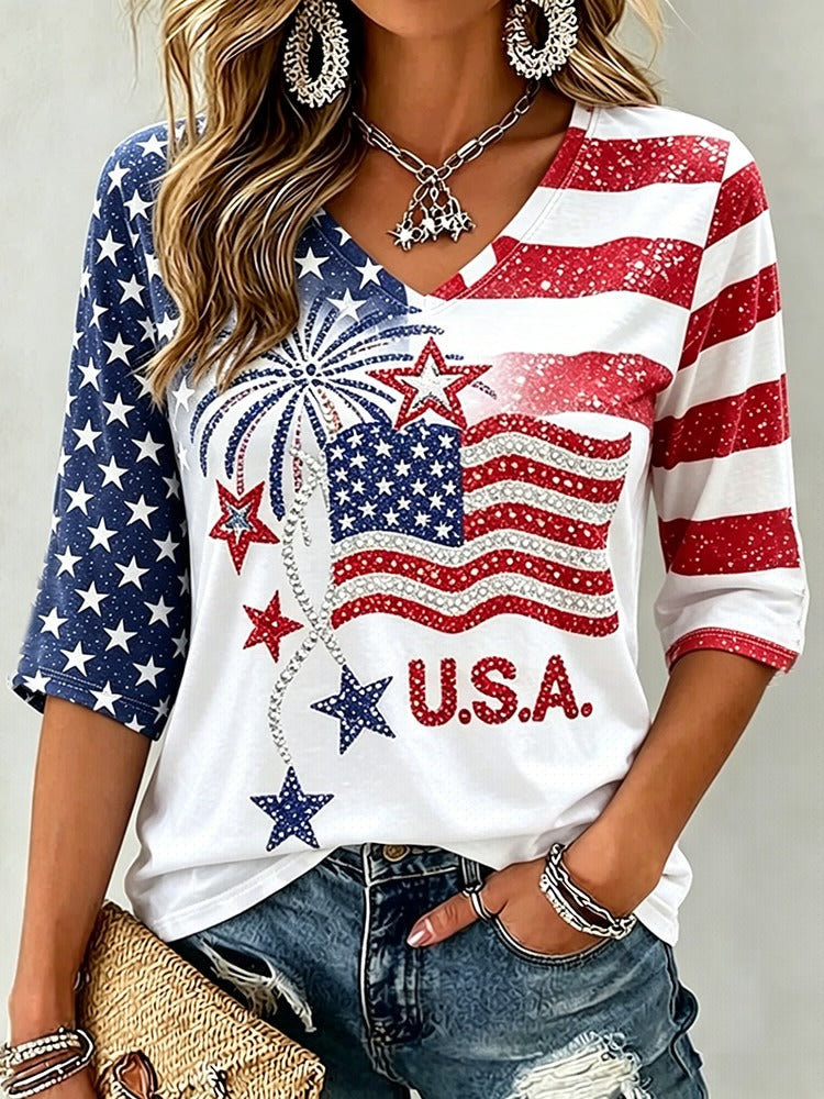 Women's Independence Day Anniversary Casual Three Quarter Sleeves T-shirt