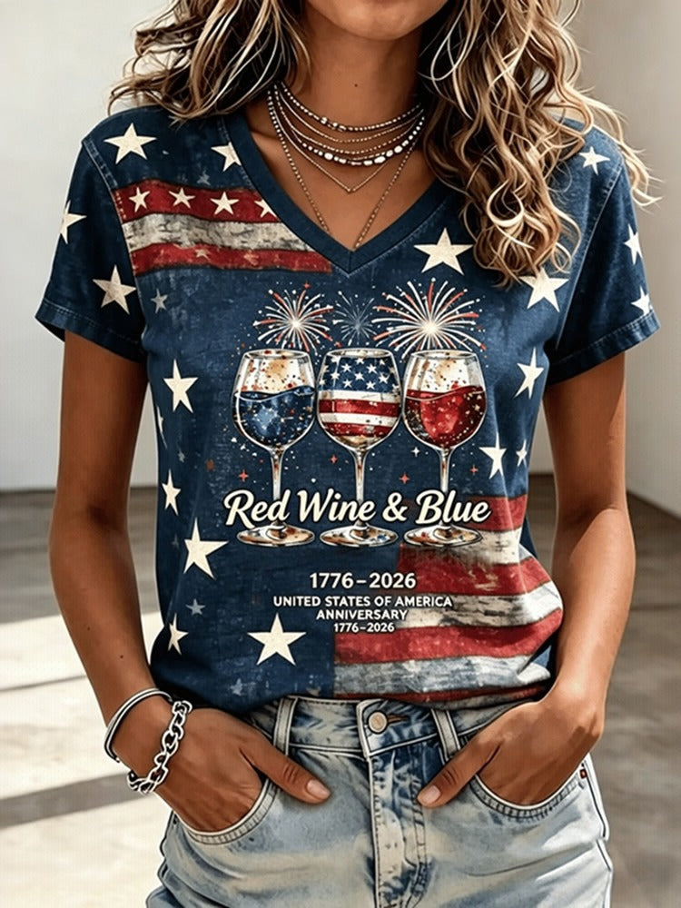 Women's Independence Day Flag Art Print V-neck Short Sleeve T-shirt