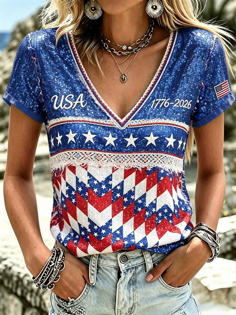 Women's Independence Day Printed V Neck Casual Tops