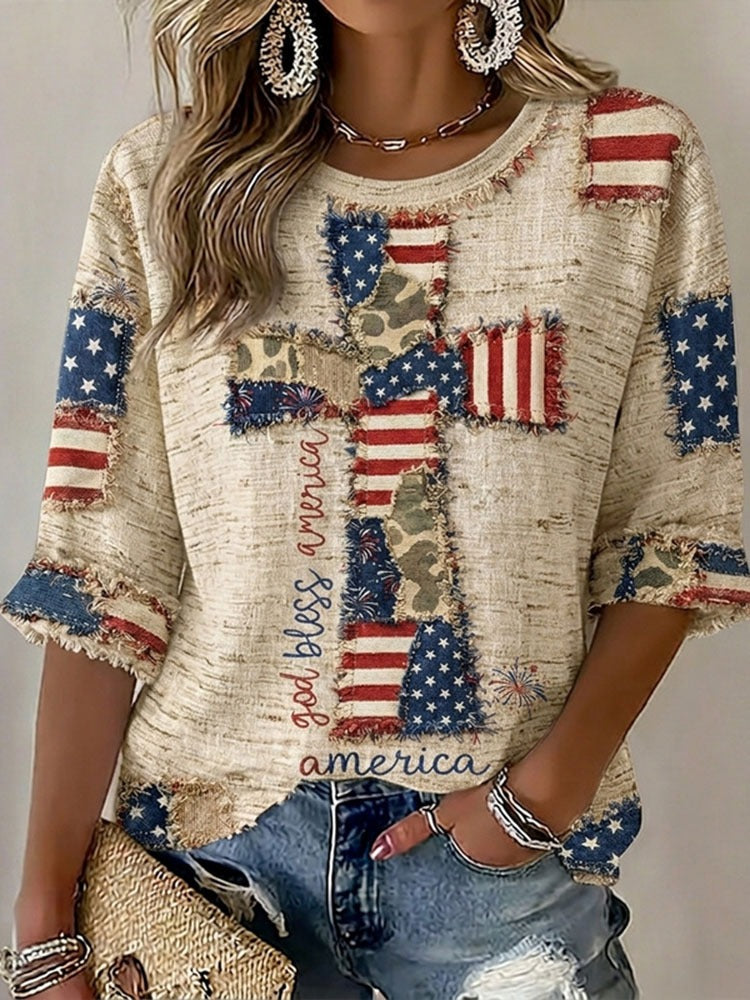 Women's ?Flag In Faith Art Three-quarter Sleeve V Neck Linen Tops