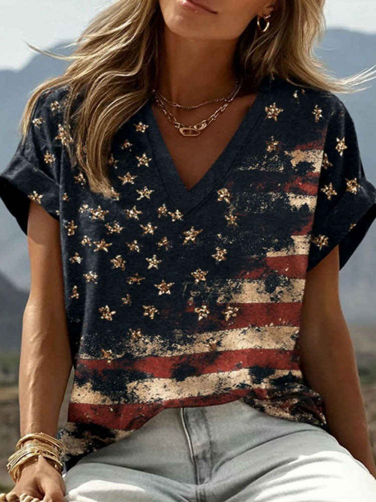 Women's Retro Independence Day Star-shaped Sequin Print T-shirt