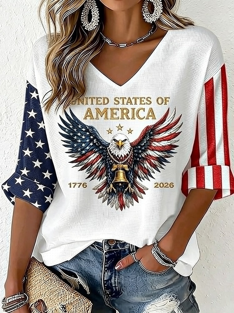 Women's Vintage Flag Art Three-quarter Sleeve V Neck Linen Tops