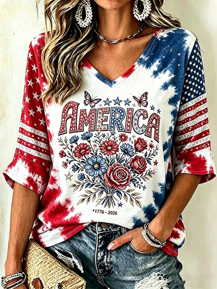 Women's Anniversary Independence Day Floral Print Three Quarter Sleeves T-shirt