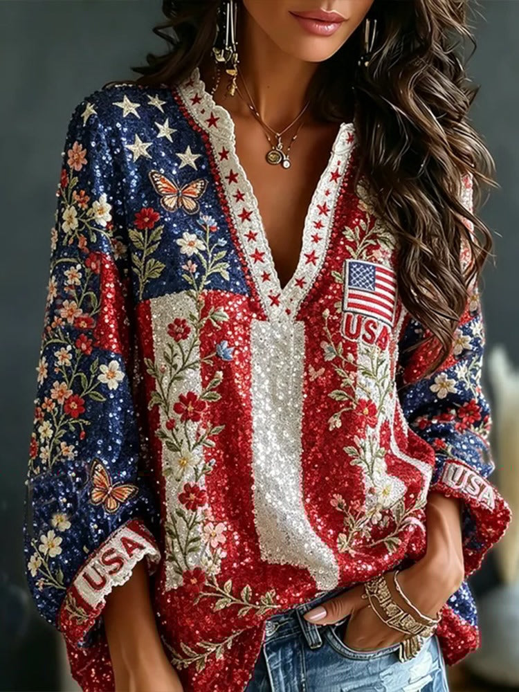 Vintage American Flag And Floral Art Sequin Casual V-neck Long Sleeve Top