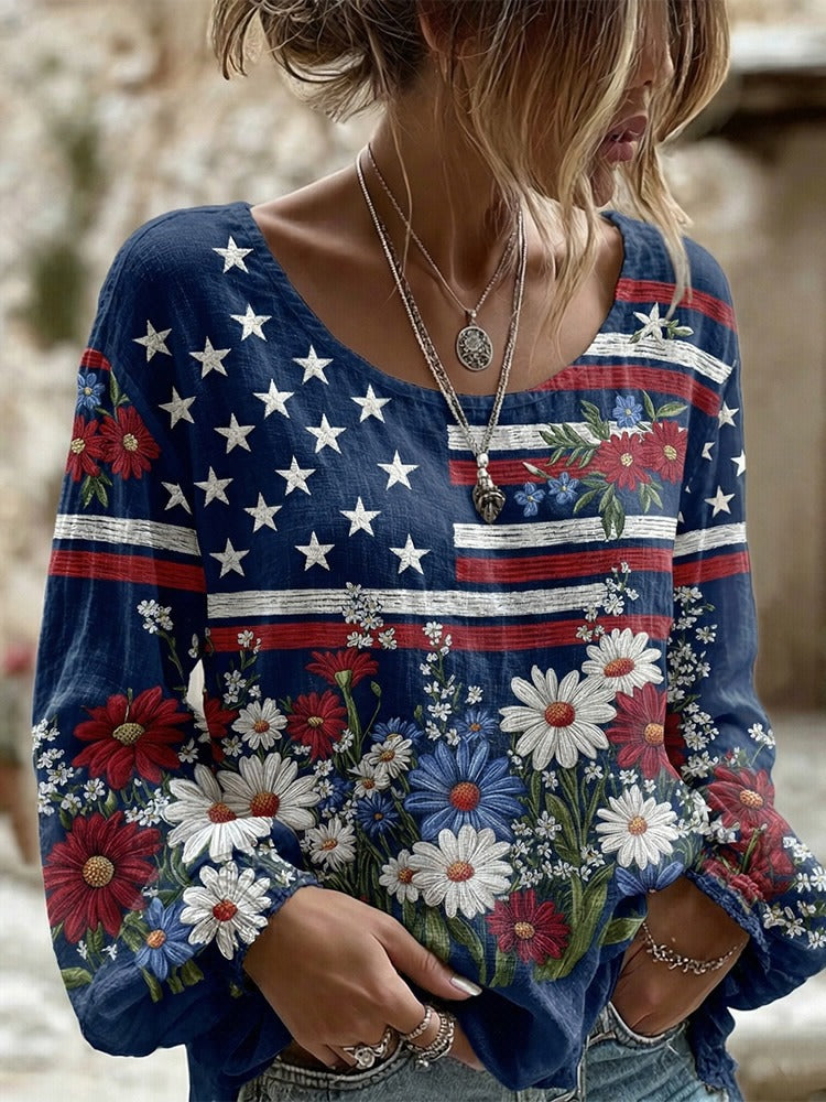 Women's Vintage Independence Day Flag Flower Art Print Linen Blend T-shirt