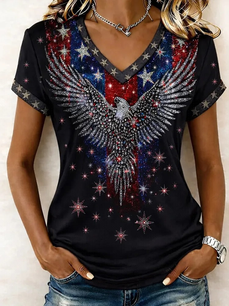 Women's Retro Flag And Eagle Rhineston Pattern Casual T-shirt