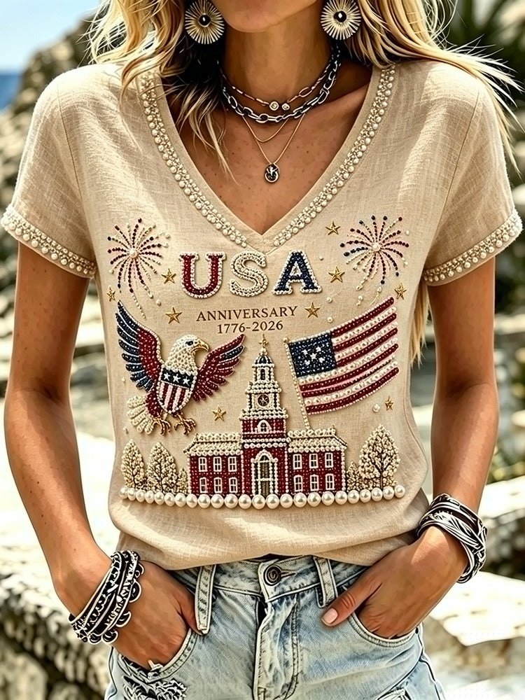 Women's Retro Independence Day Art Pattern V Neck Linen Blend T-shirt
