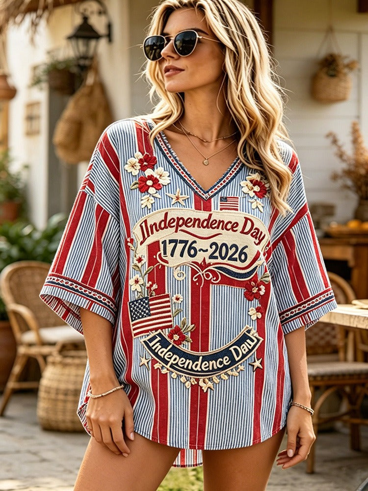 Independence Day 1776 Floral Embroidered Stripe Oversized Top