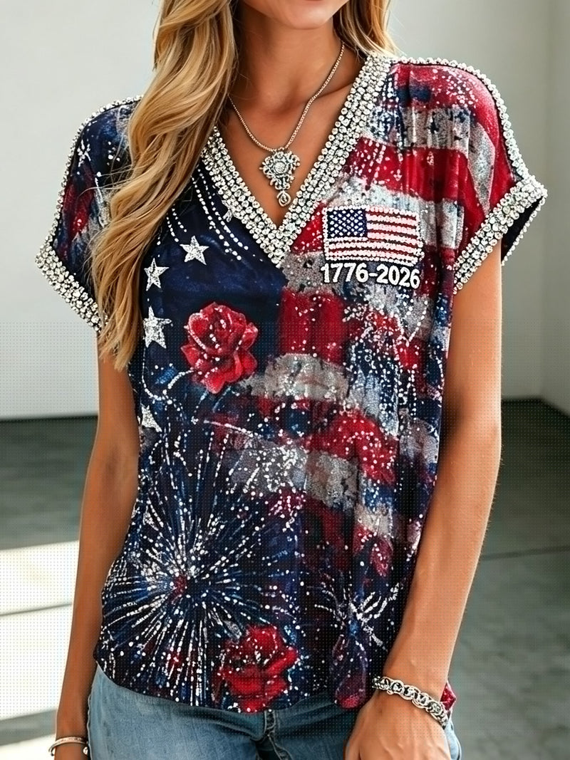 Women's American Flag Element, Rose And Firework Print Sequined V-neck T-shirt