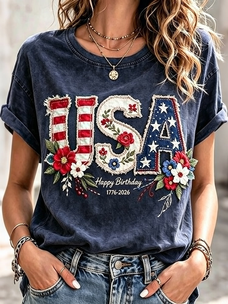 Women's Usa Happy Birthday Printed Casual T-shirt