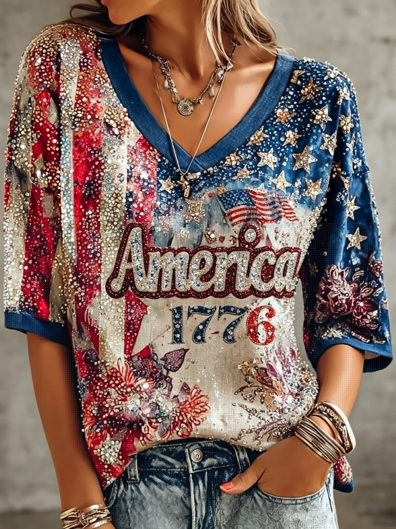 Women's Retro American Flag And Floral Print V-neck T-shirt