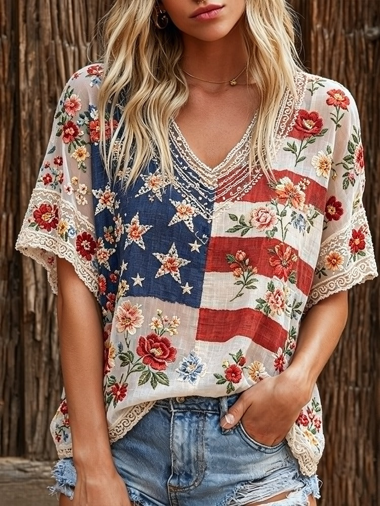 Retro Flag And Rose Embroidery Art V-neck Short Sleeve Top
