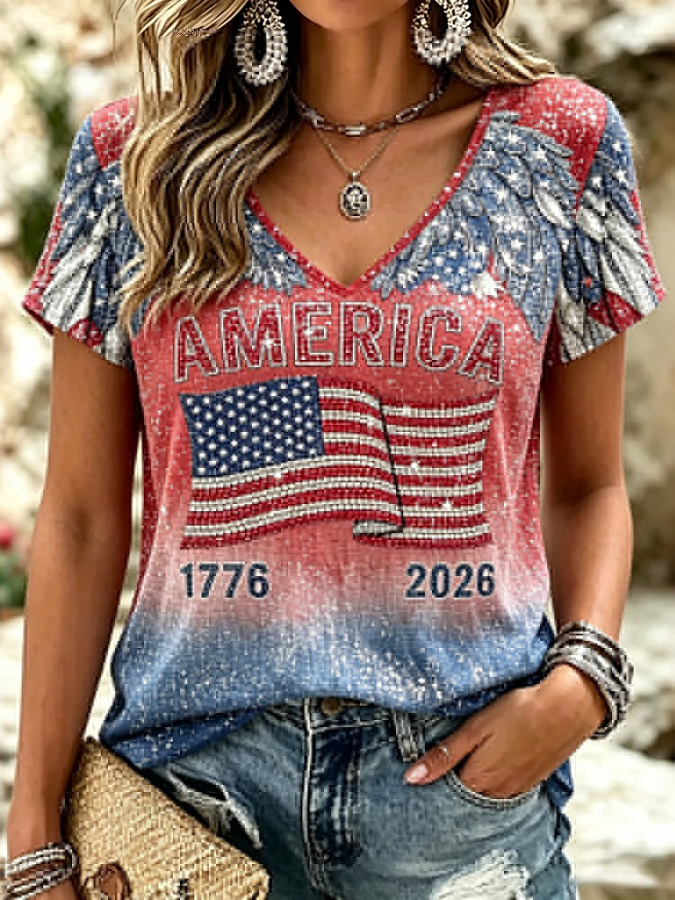 Women's Anniversary Independence Day Wings Flag Art Print V Neck T-shirt
