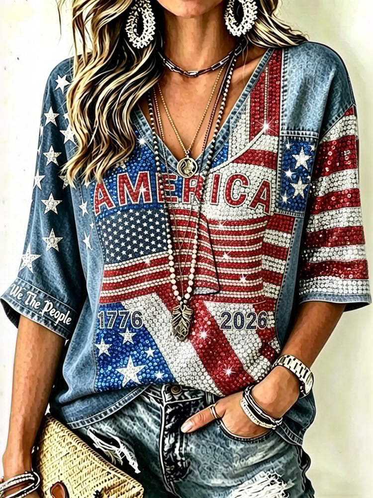 Women's Independence Day Flag Art Three-quarter Sleeve V Neck Linen Tops