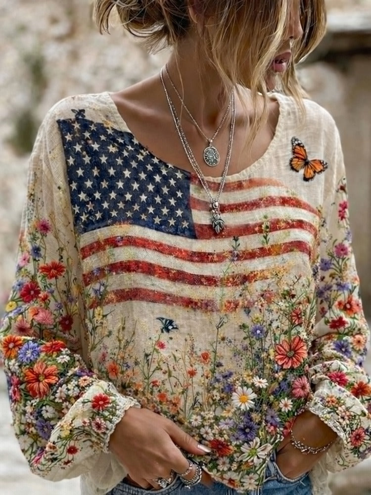 Women's Independent Flag Floral Print Crew Neck Linen Blend T-shirt