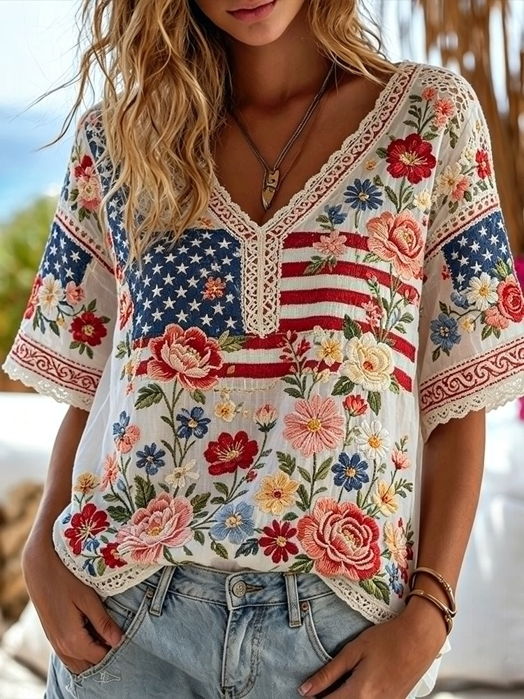 Retro Floral Banner Art Cotton Linen V-neck Short Sleeve Top