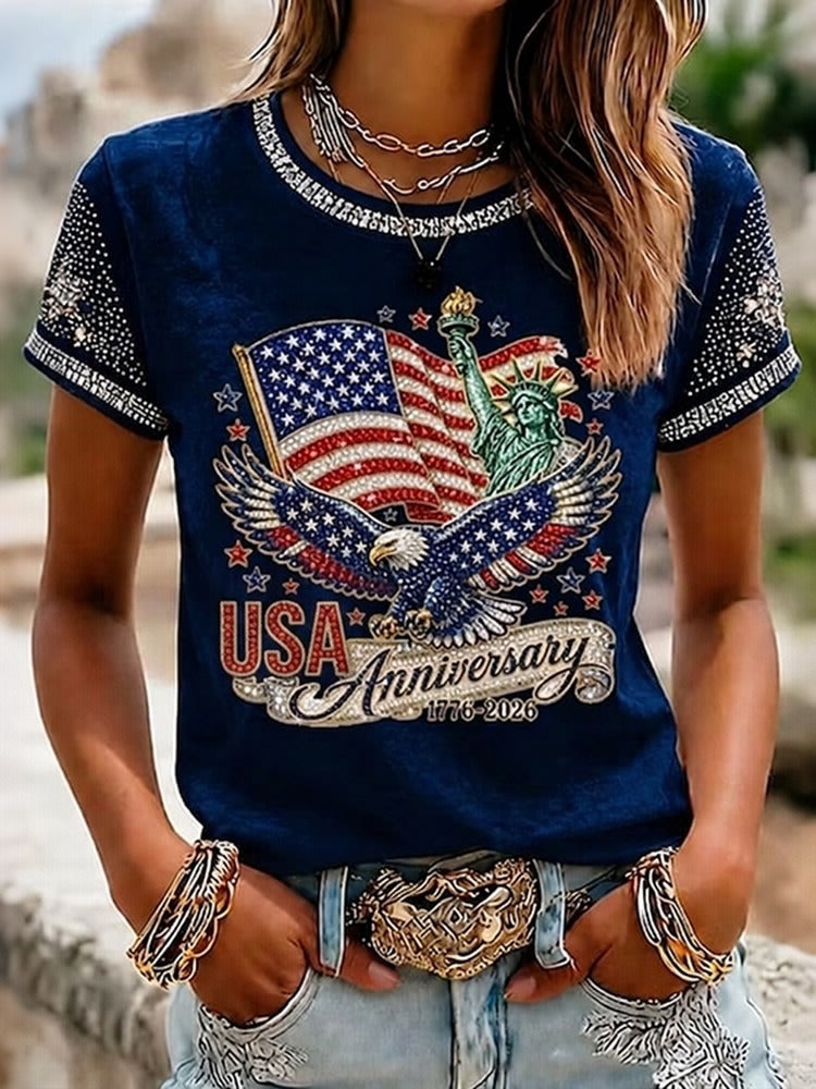 Women's Independence Day Flag Eagle Art Crew Neck T-shirt