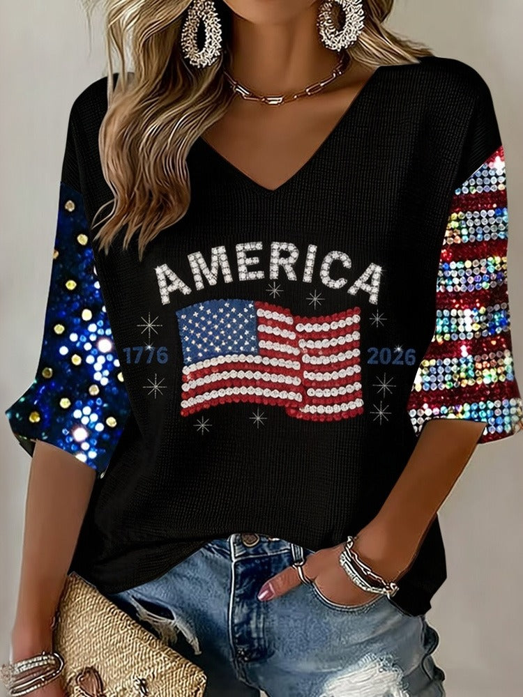 Women's Flag Art Three-quarter Sleeve V Neck Linen Tops