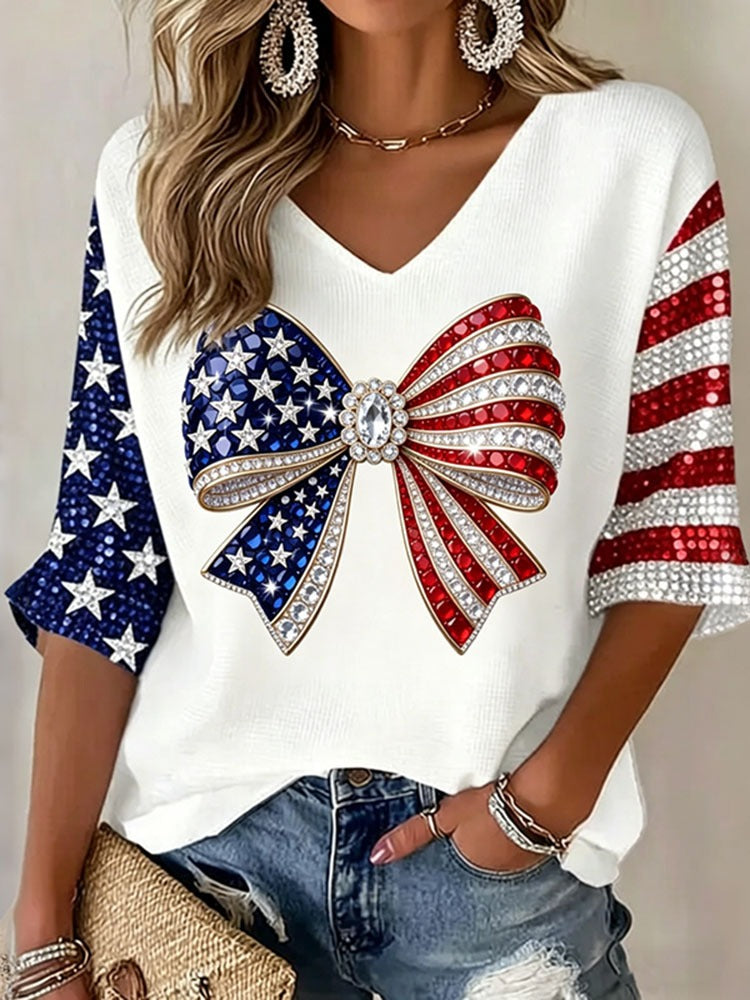 Women's Bow Tie Flag Art Three-quarter Sleeve V Neck Linen Tops