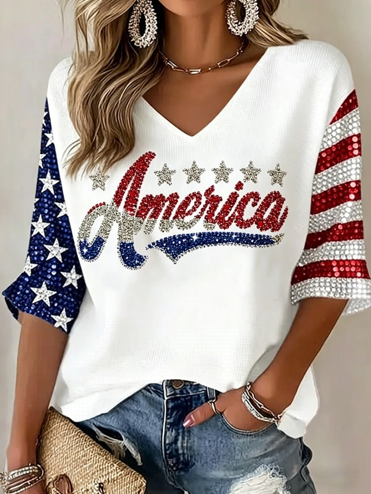 Flag Art Three-quarter Sleeve V Neck Linen Tops