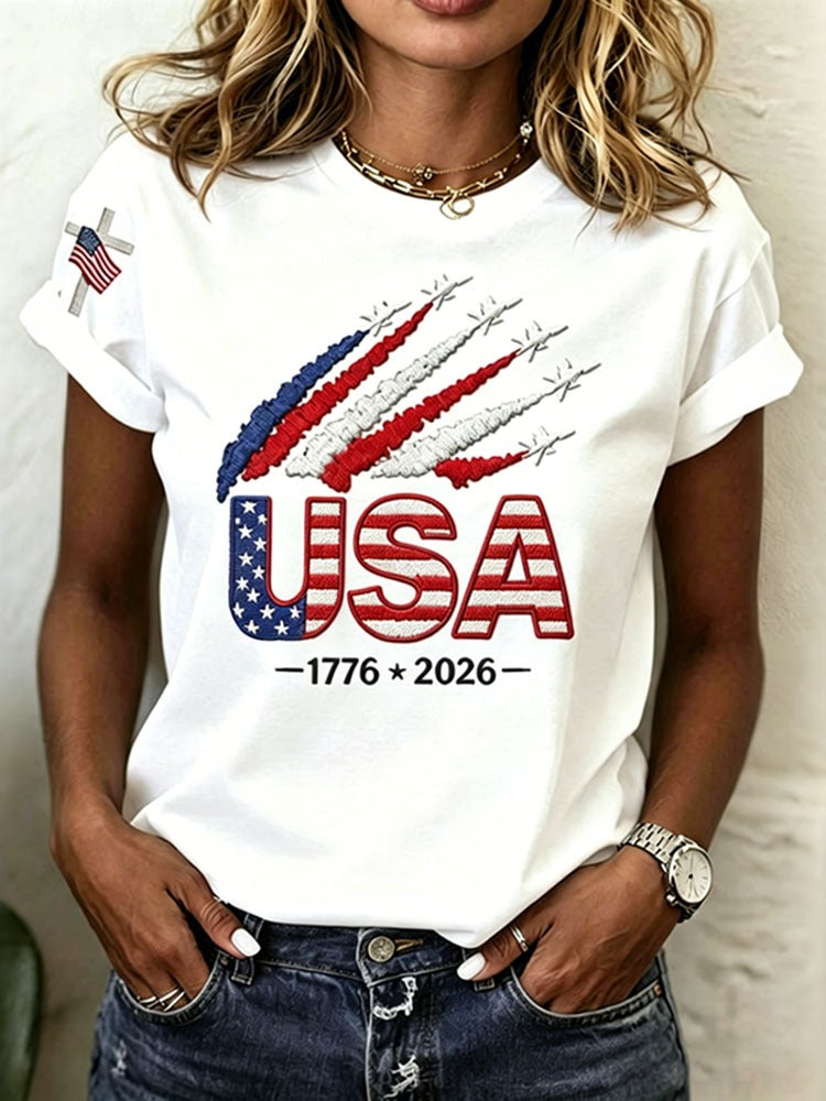 Women¡¯s Usa Anniversary Print Crew Neck Short Sleeve T-shirt