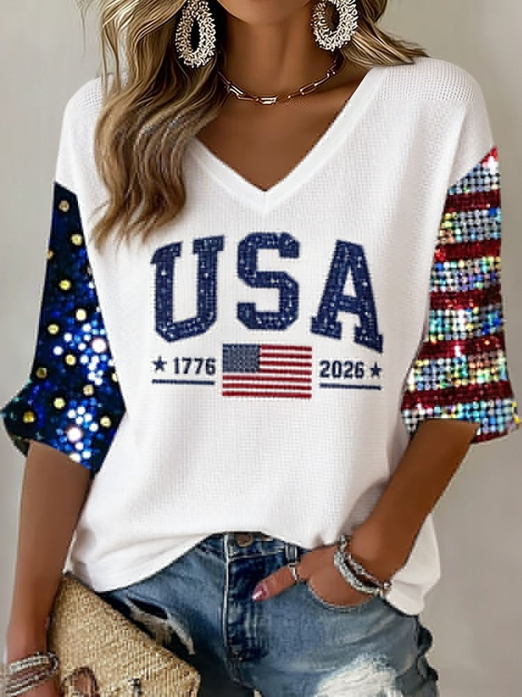 Retro Independence Day Flag Art Three-quarter Sleeve V Neck Linen Tops
