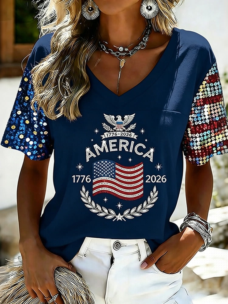 American Flag Art Sequin Casual V-neck Short Sleeve Top
