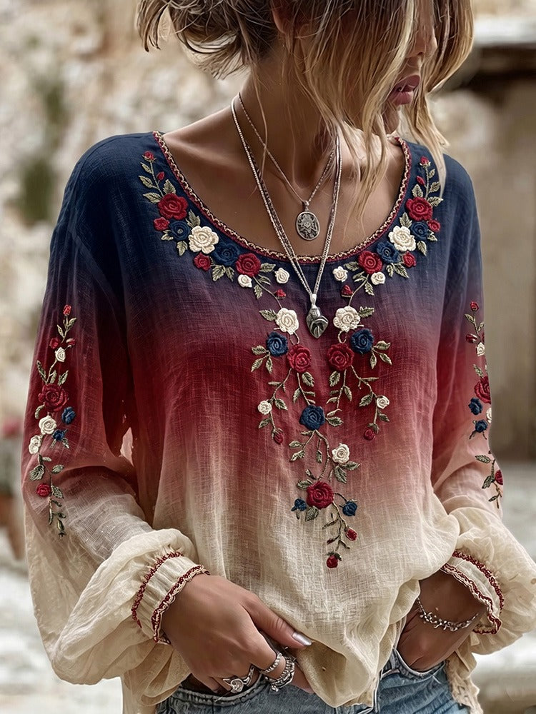 Independent Floral Pattern Gradient Crew Neck Linen Blend T-shirt
