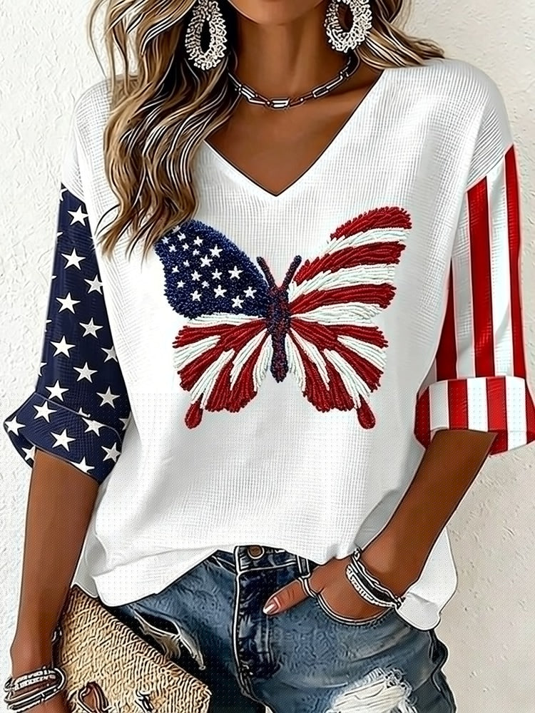 Butterfly Flag Art Three-quarter Sleeve V Neck Linen Tops