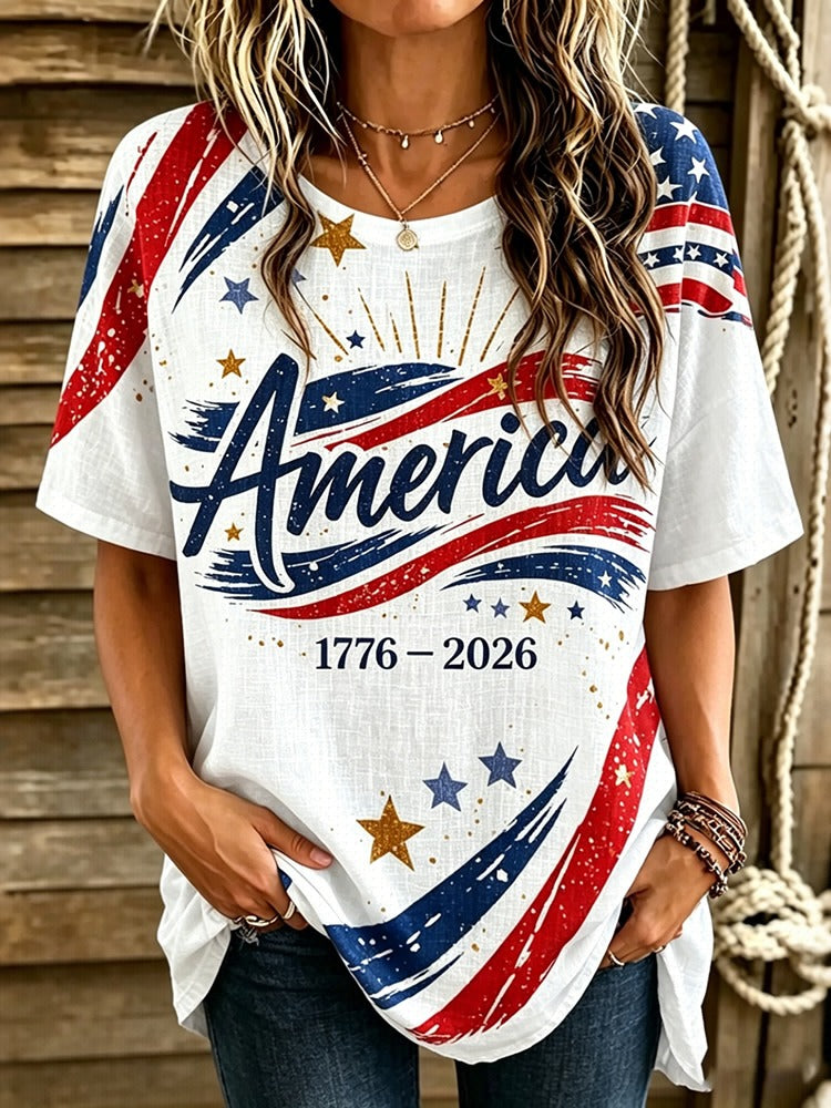 Flag Art Short Sleeve Linen Tops